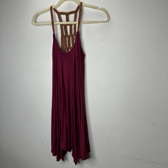 Sky Burgundy Scoop Neck Hand Braided Leather Design Back Strap Flowy Dress XS - Picture 4 of 14